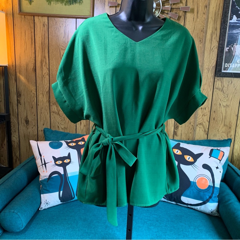 Retro V-Neck Cotton Blend Emerald Green Tie Blouse
